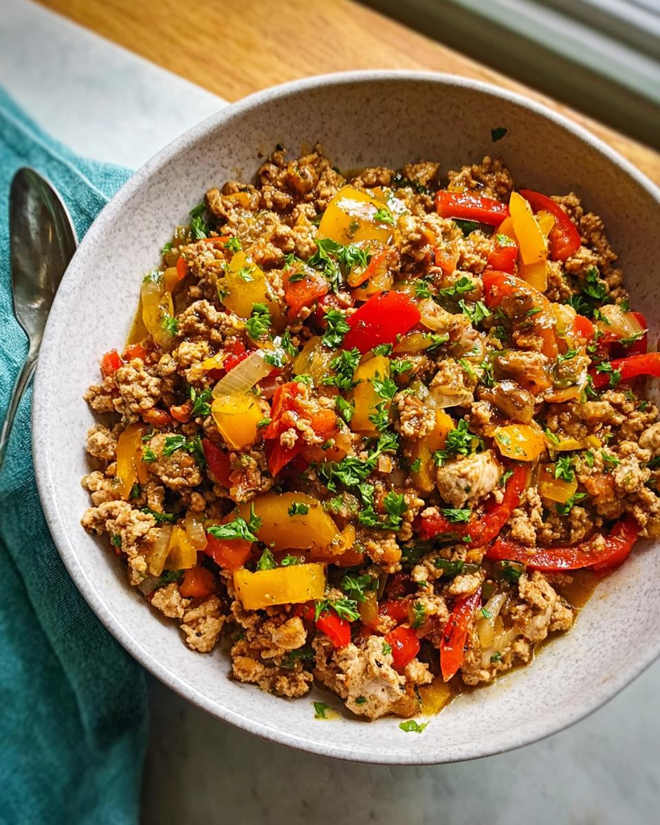 A bowl filled with a savory Ground Turkey Recipe mixed with sautéed red and yellow bell peppers and onions, topped with parsley.