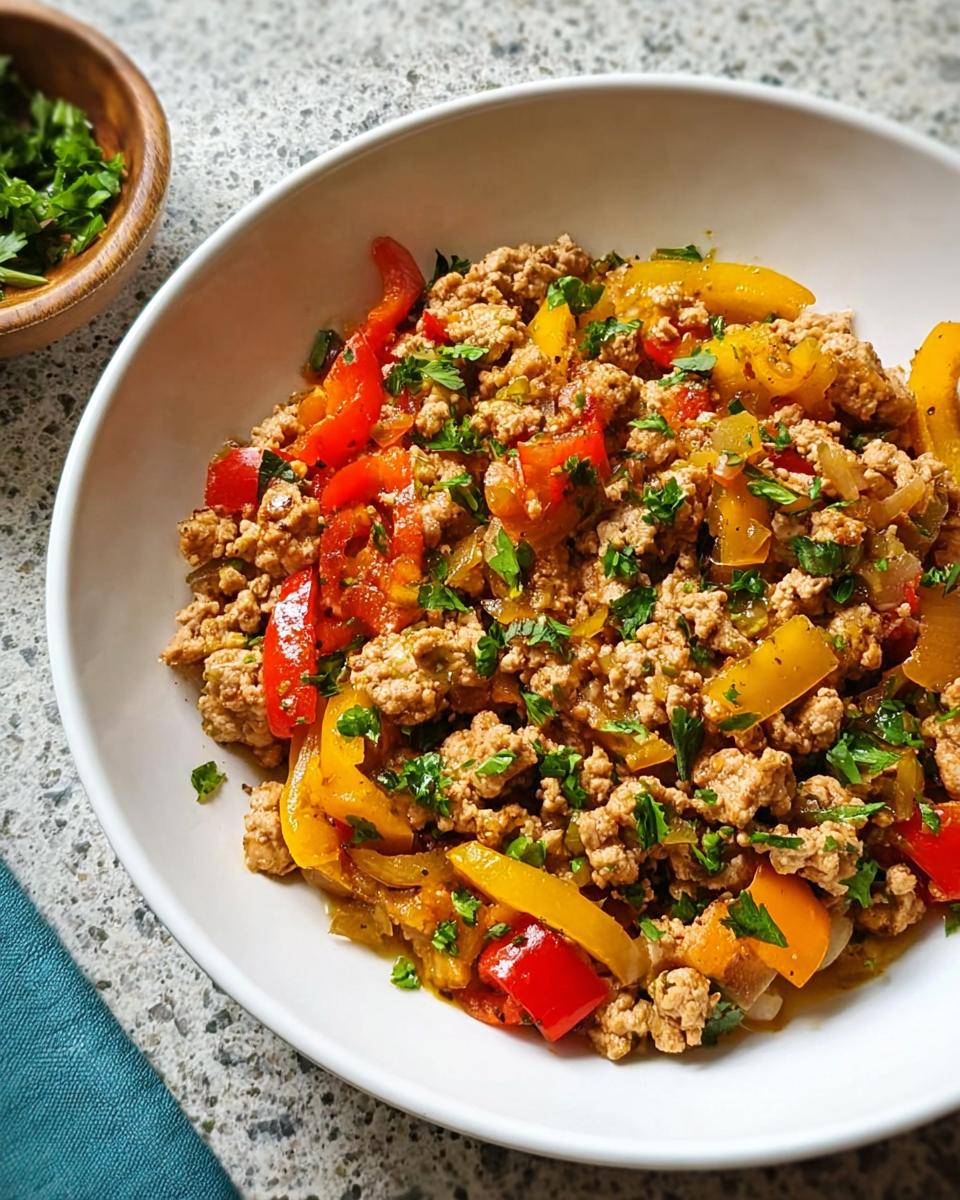 A white bowl filled with a colorful Ground Turkey Recipe mixed with sautéed red and yellow bell peppers and fresh parsley.