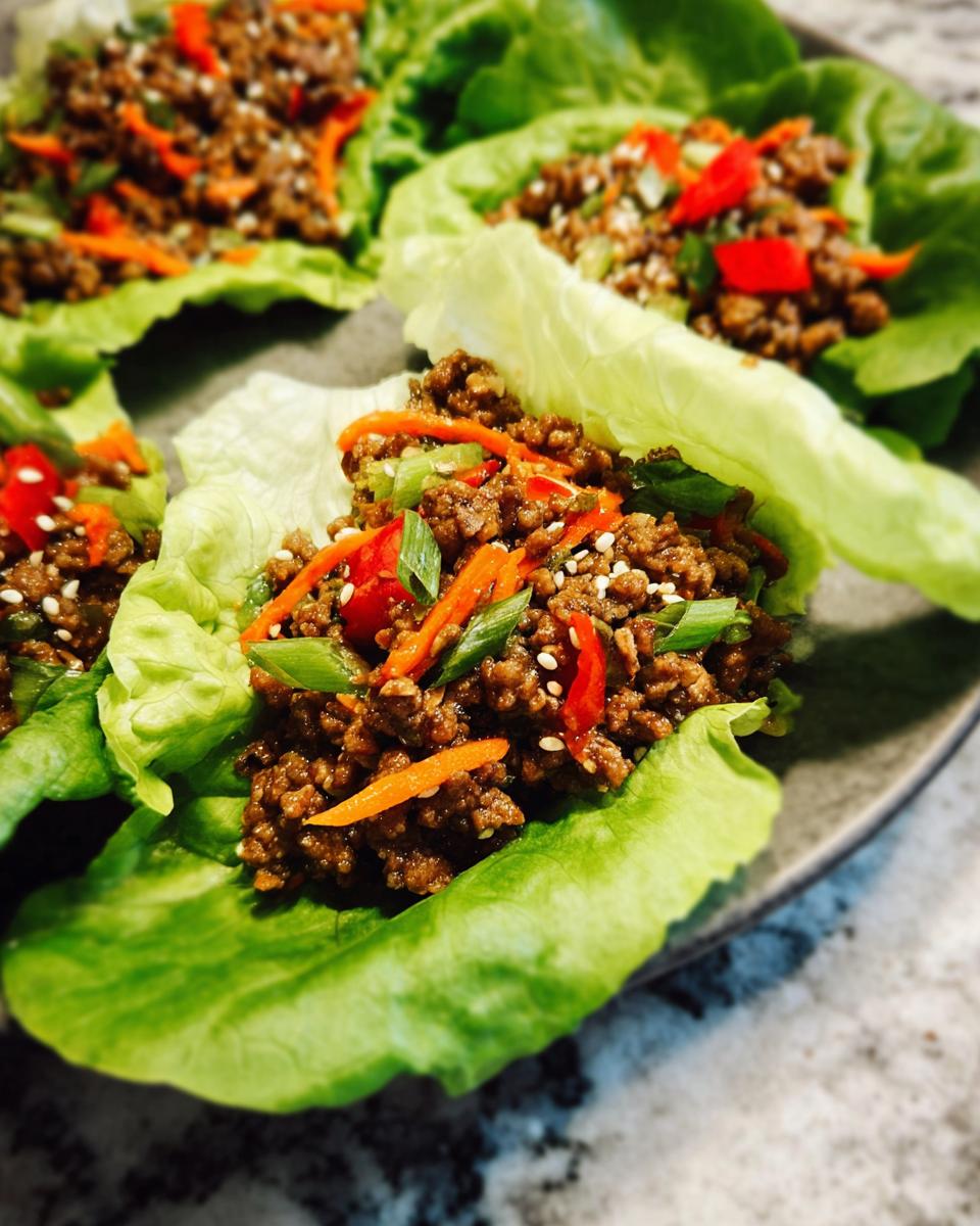 Close-up of delicious Asian Ground Beef Lettuce Wraps filled with savory meat, carrots, and sesame seeds.