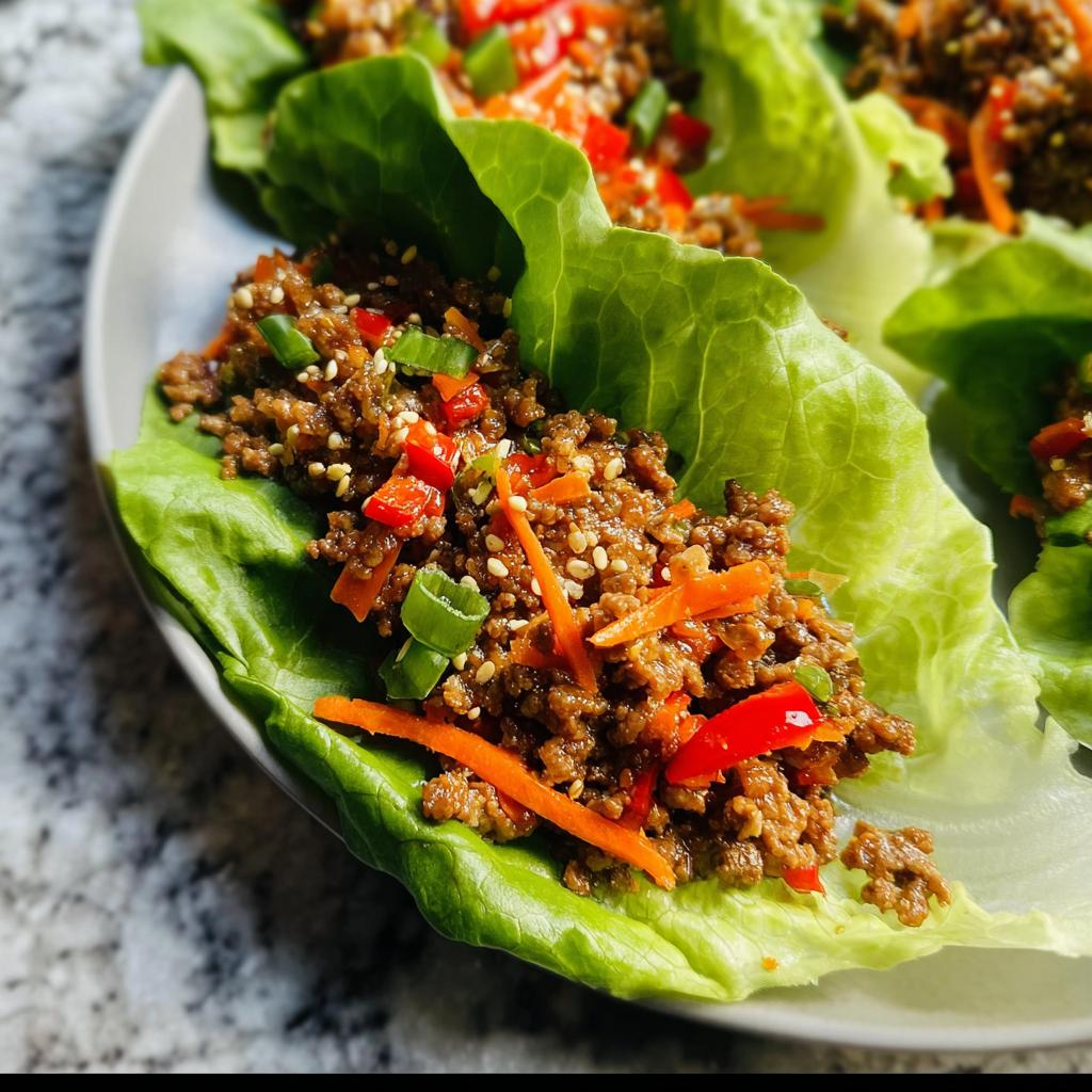 Close-up of freshly prepared Asian Ground Beef Lettuce Wraps filled with savory meat, carrots, peppers, and sesame seeds.