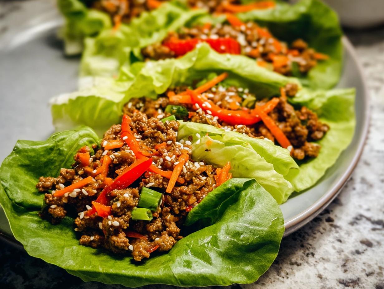 Close-up of several Asian ground beef lettuce wraps filled with savory meat, shredded carrots, and sesame seeds.