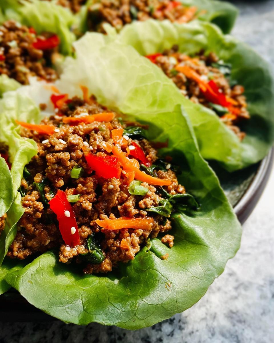 Close-up of Asian Ground Beef Lettuce Wraps filled with seasoned ground meat, shredded carrots, and red peppers.