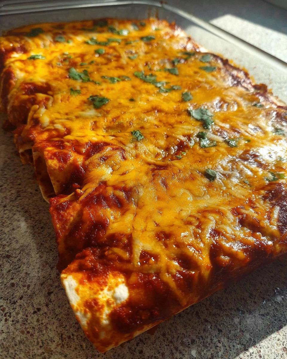 Close-up of freshly baked cheesy beef enchiladas covered in melted cheddar and topped with cilantro.