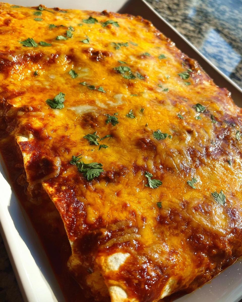 A close-up of freshly Baked Cheesy Beef Enchiladas covered in melted orange cheese and garnished with cilantro.