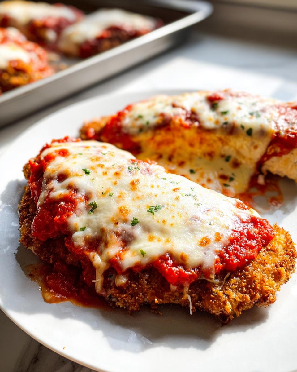 Two servings of crispy Baked Chicken Parmesan with Mozzarella topped with marinara sauce and melted cheese.