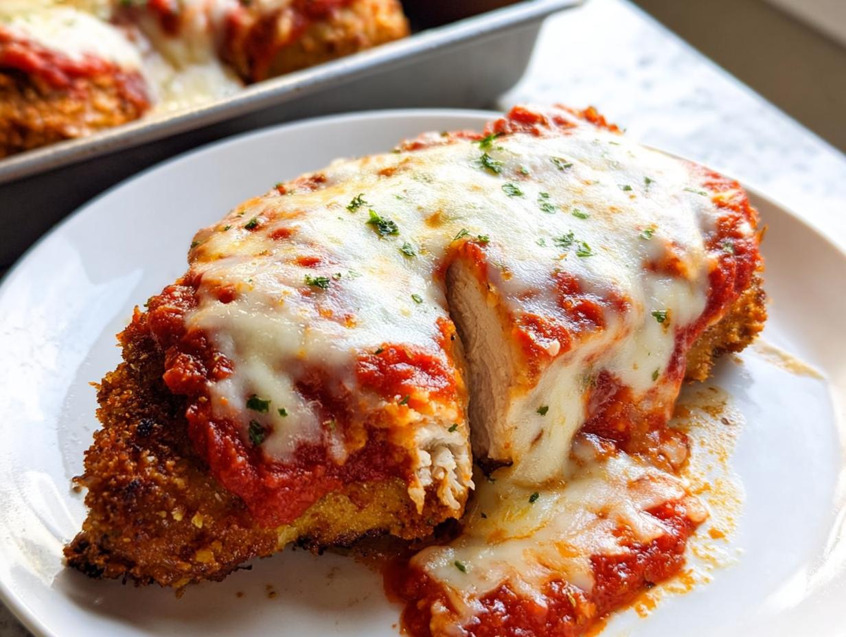 Close-up of a serving of Baked Chicken Parmesan with Mozzarella, cut open to show the white chicken breast inside, covered in marinara sauce and melted cheese.