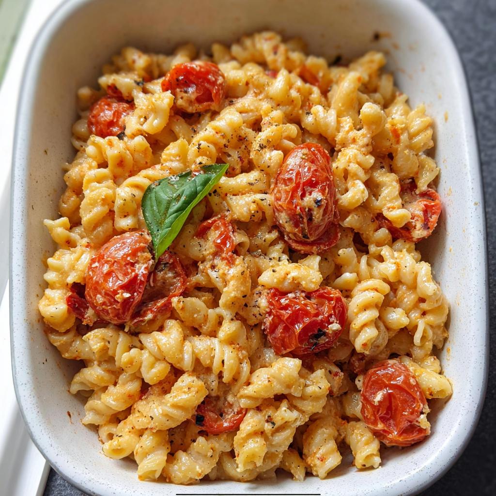 Close-up of creamy Baked Feta Tomato Pasta mixed with fusilli pasta and roasted cherry tomatoes.