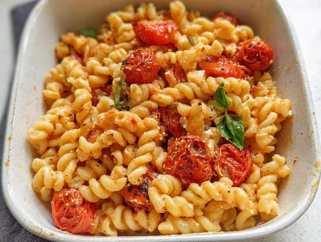 A close-up view of creamy Baked Feta Tomato Pasta featuring fusilli noodles, roasted cherry tomatoes, and fresh basil.