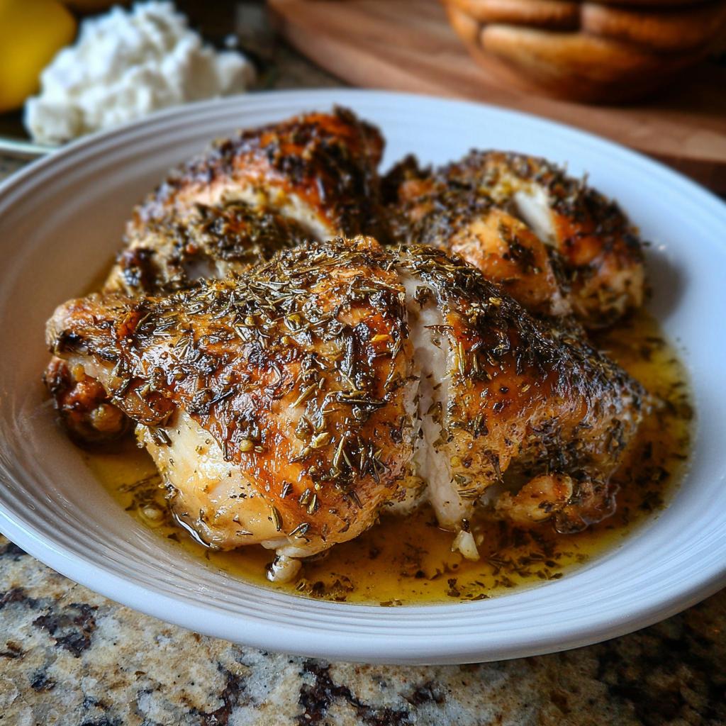 Three pieces of golden brown Baked Greek Lemon Oregano Chicken sitting in pan juices on a white plate.
