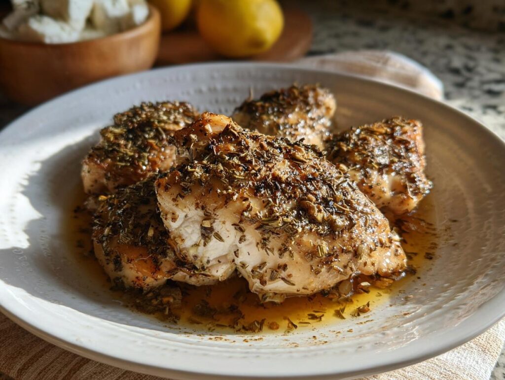 Four pieces of moist Baked Greek Lemon Oregano Chicken seasoned heavily with herbs on a white plate.
