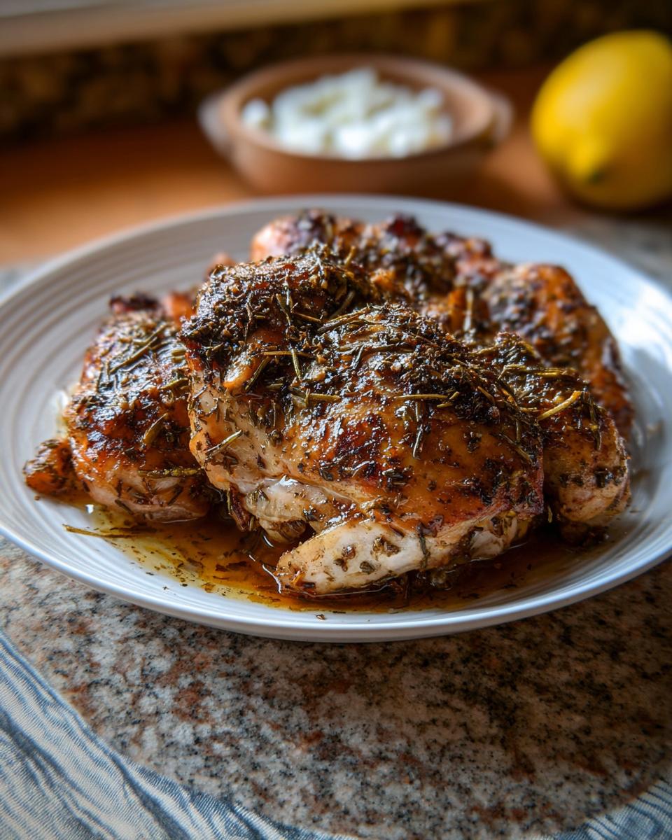 Plated, glistening Baked Greek Lemon Oregano Chicken pieces heavily seasoned with herbs.