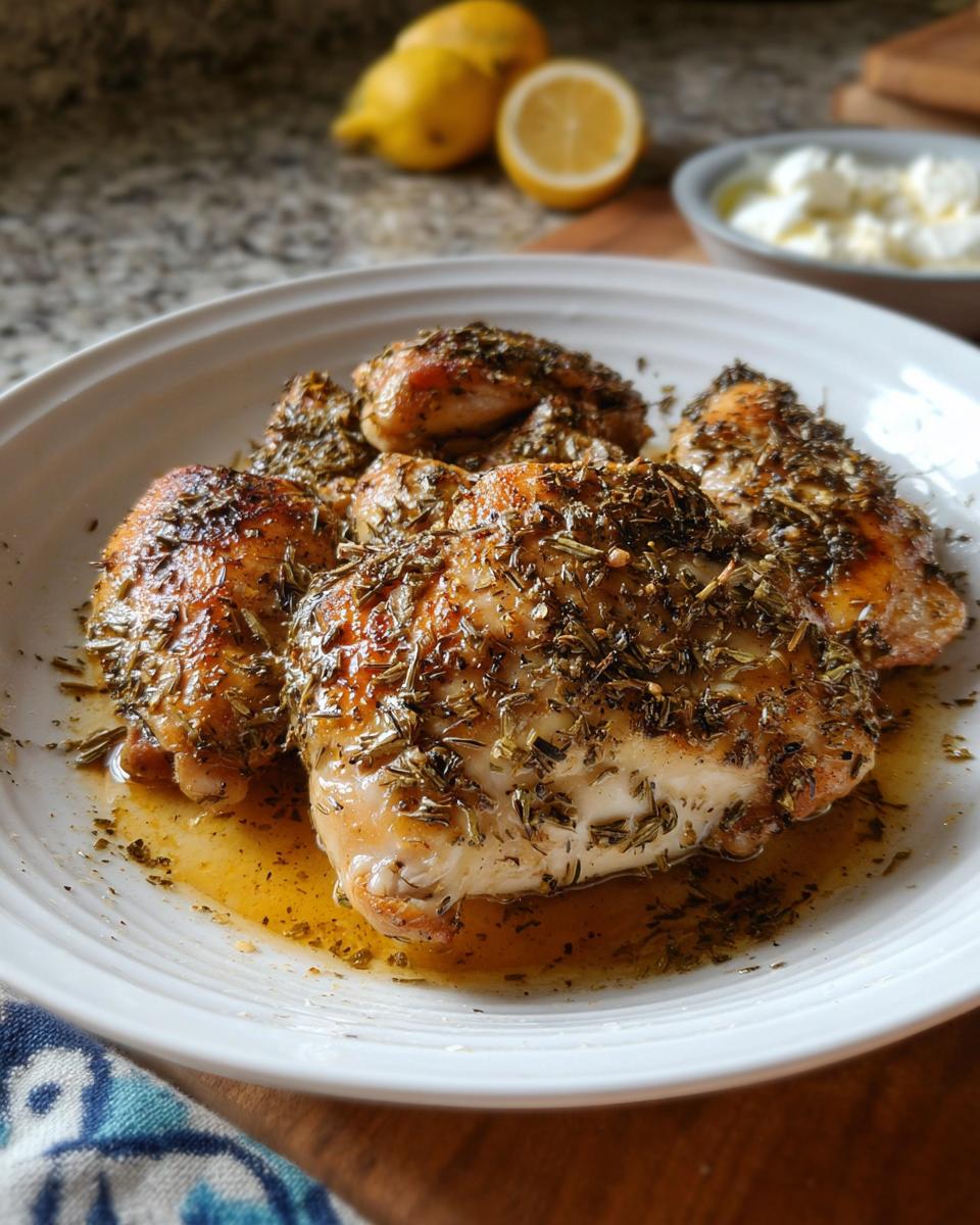 Four pieces of Baked Greek Lemon Oregano Chicken on a white platter, glistening with herbs and pan juices.