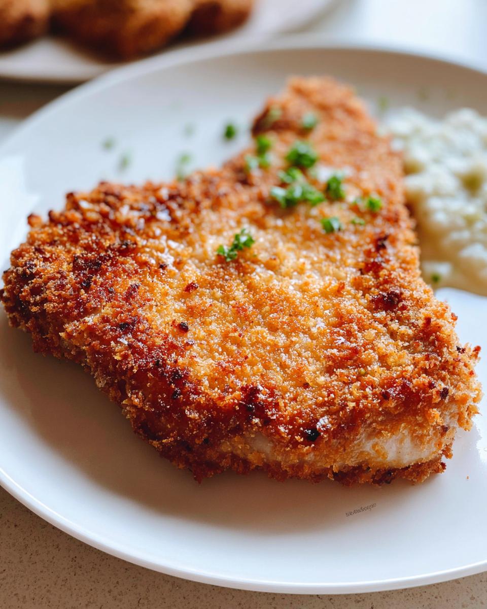 Close-up of a perfectly golden Baked Panko Crusted Pork Chop garnished with fresh parsley, served next to a side dish.