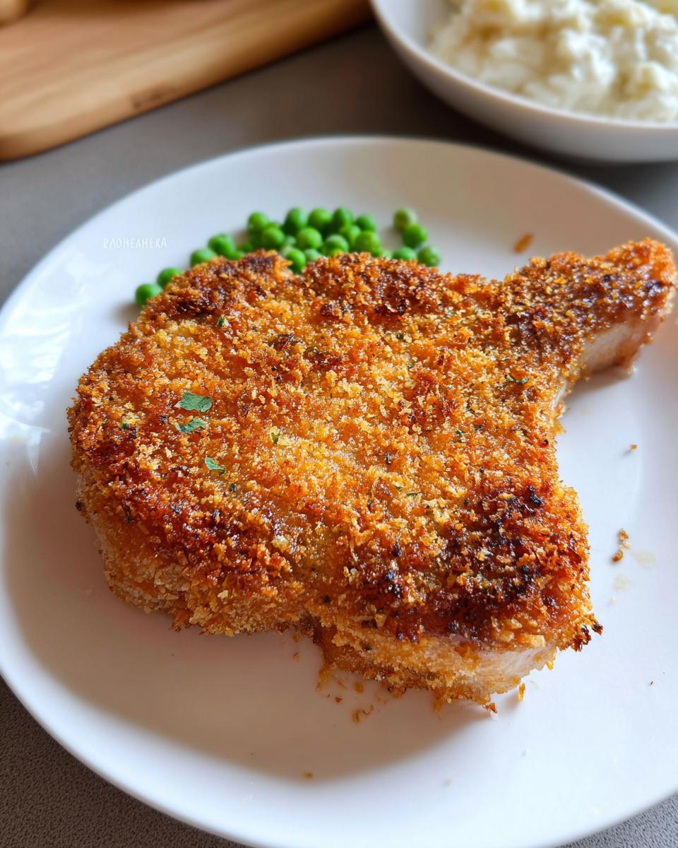 A golden brown, crispy Baked Panko Crusted Pork Chop served on a white plate with green peas.