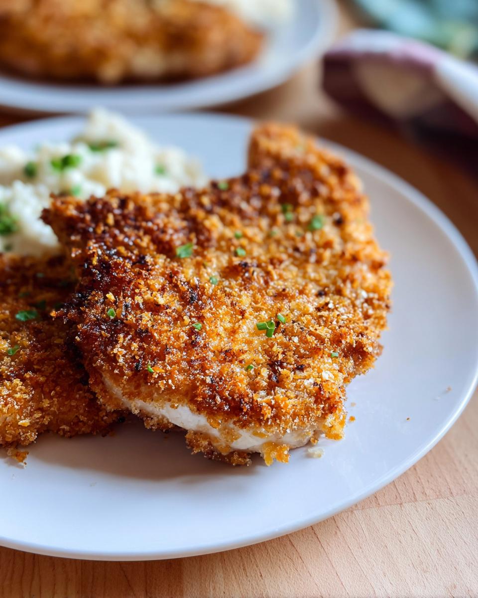 Close-up of golden brown Baked Panko Crusted Pork Chops served with mashed potatoes.