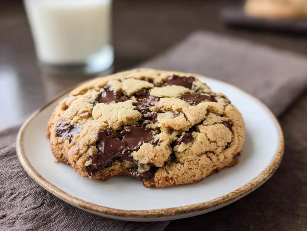 A close-up of a Bakery Style Giant Chocolate Chip Cookie with melted chocolate chips, served on a plate next to a glass of milk.
