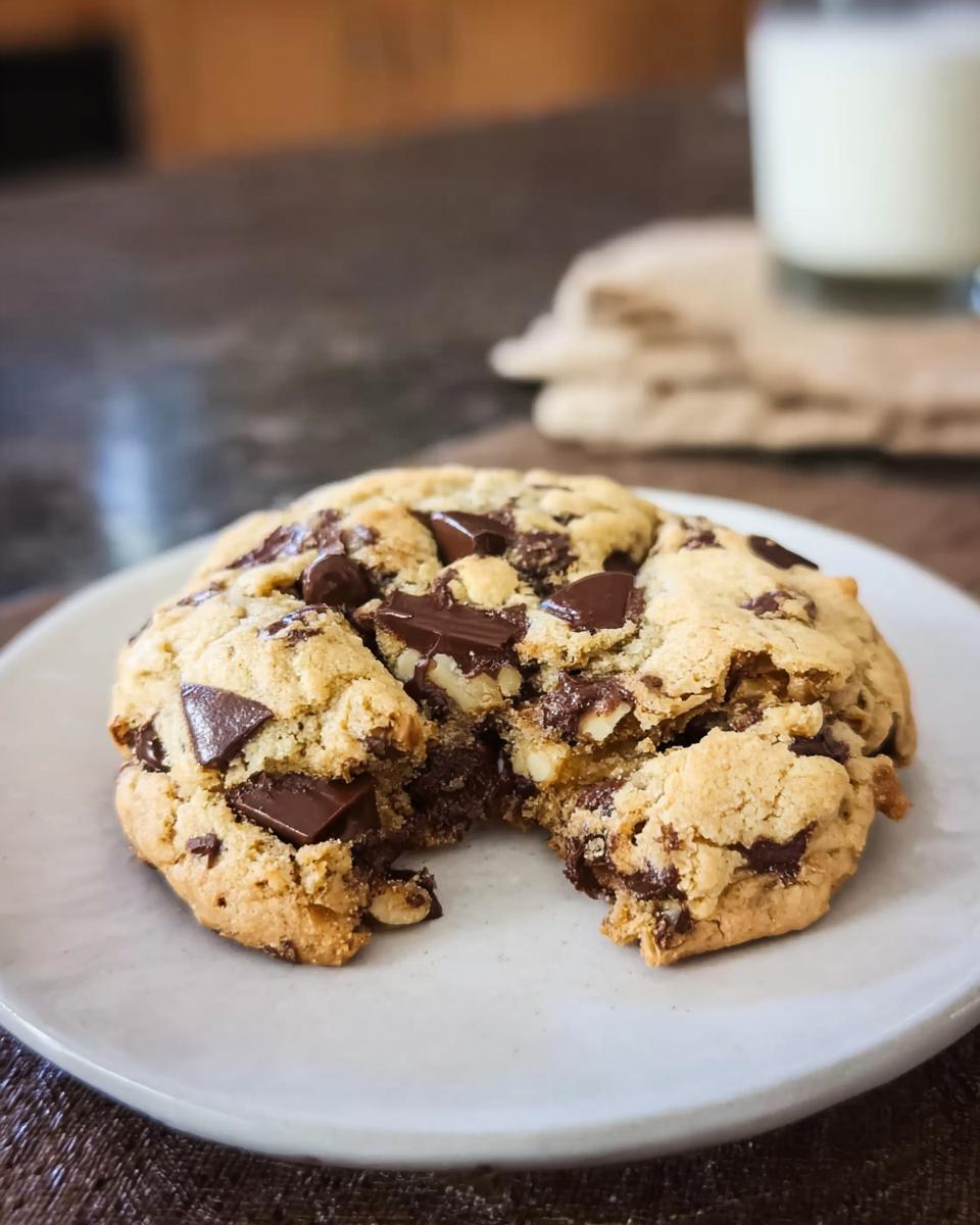 Close-up of a Bakery Style Giant Chocolate Chip Cookie with a bite revealing the gooey center and large chocolate chunks.