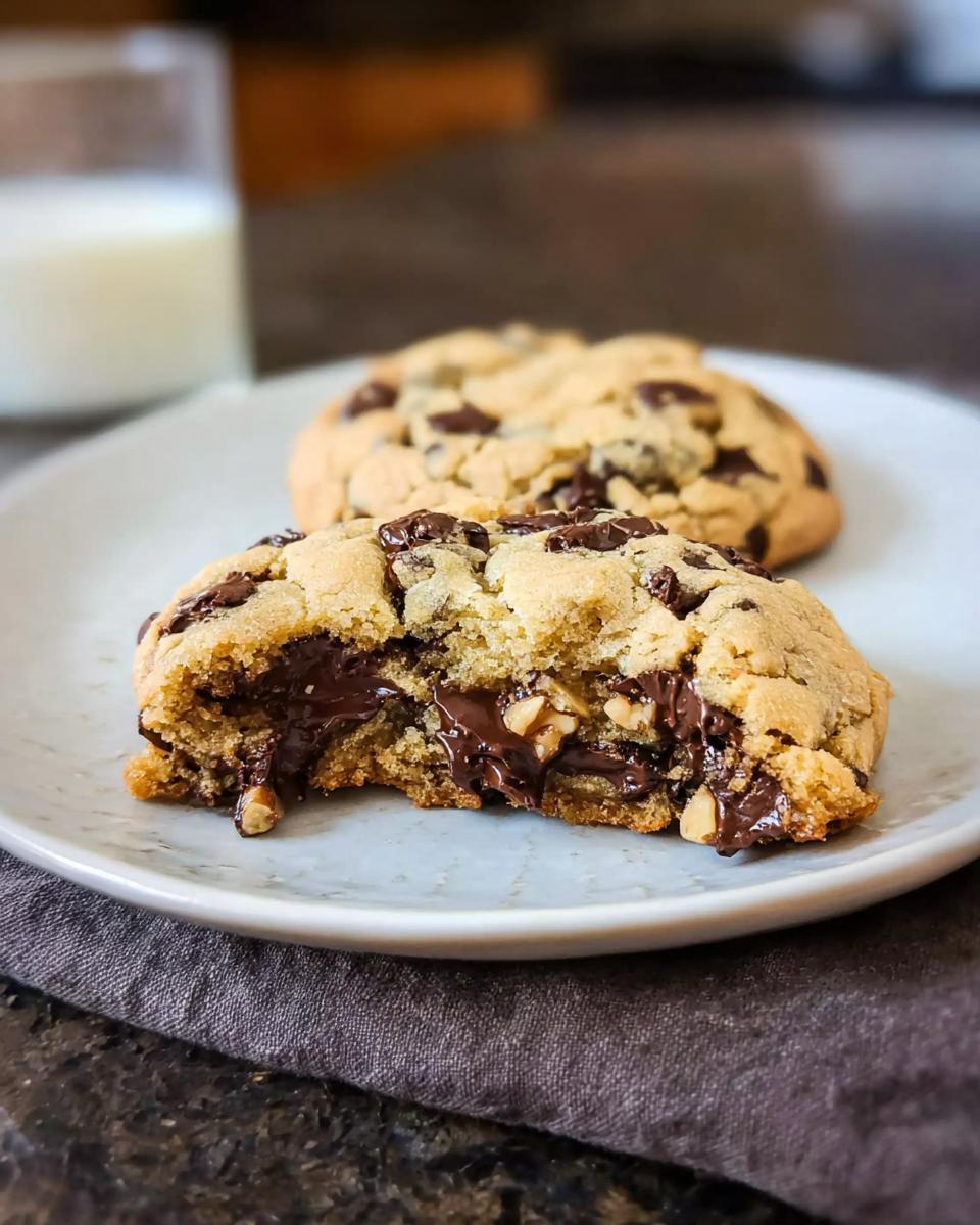 Close-up of a Bakery Style Giant Chocolate Chip Cookie broken open revealing gooey melted chocolate and nuts.