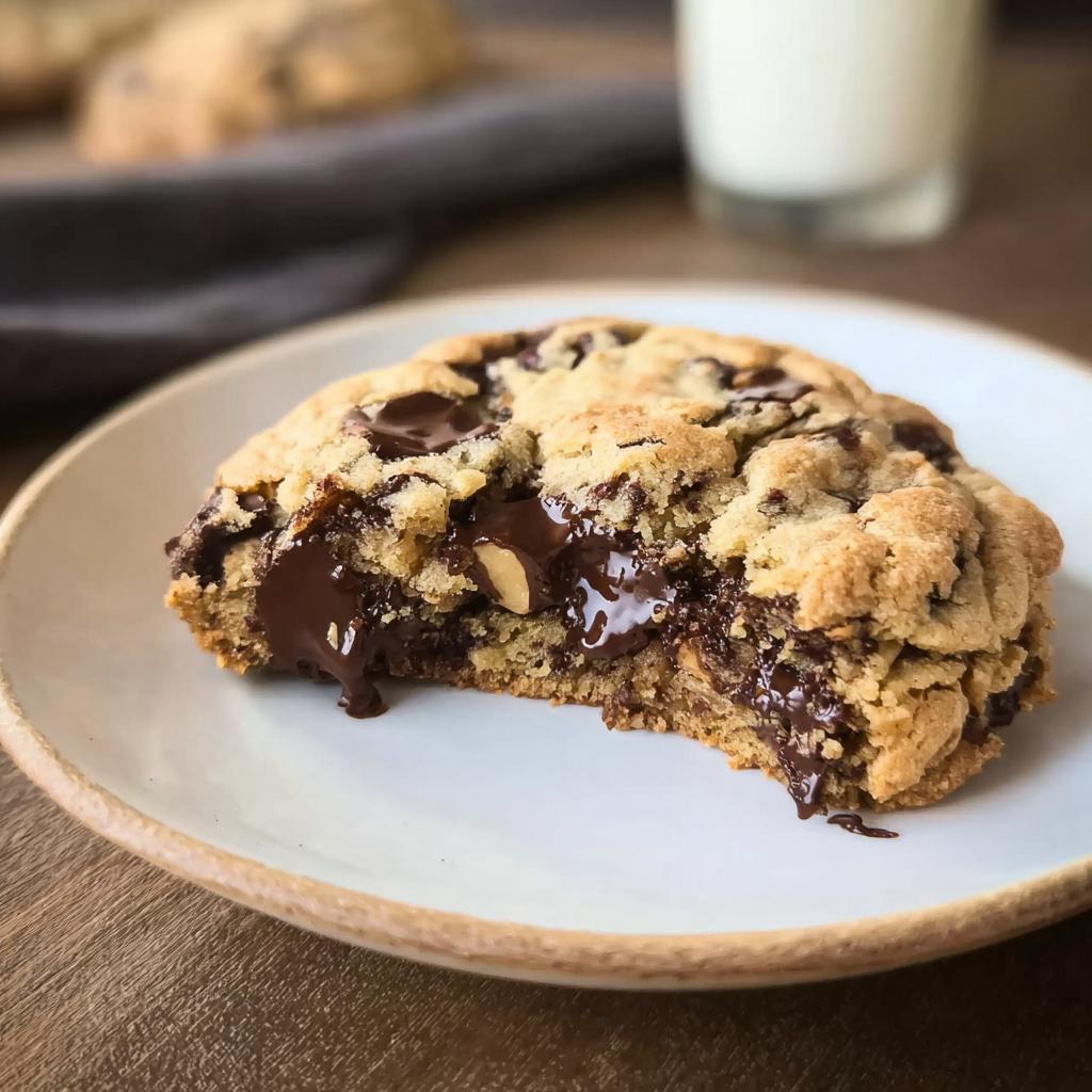 Close-up of a Bakery Style Giant Chocolate Chip Cookie with a bite taken out, showing gooey, melted chocolate.