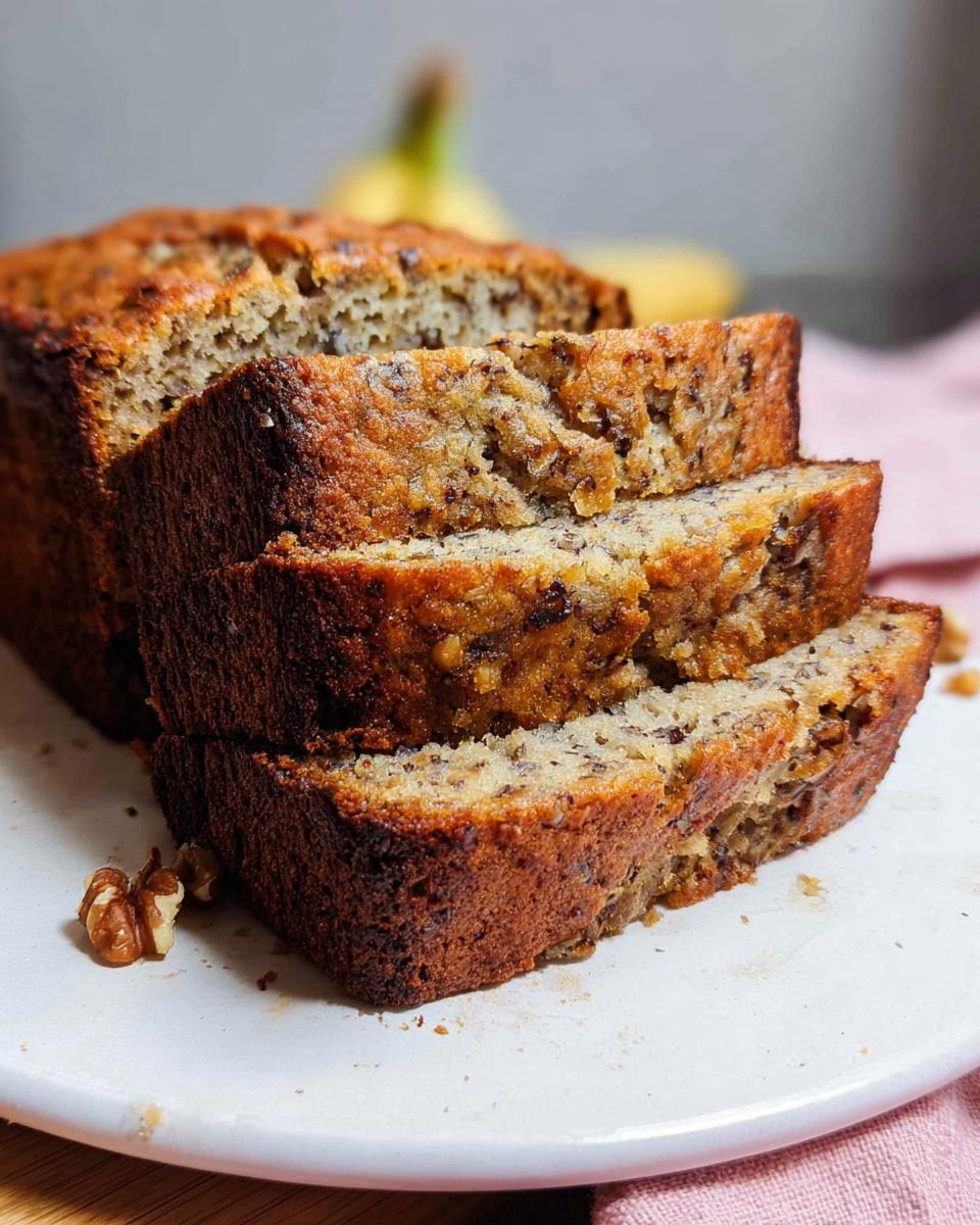 Close-up of three thick slices of moist Banana Nut Bread with Walnuts on a white plate.