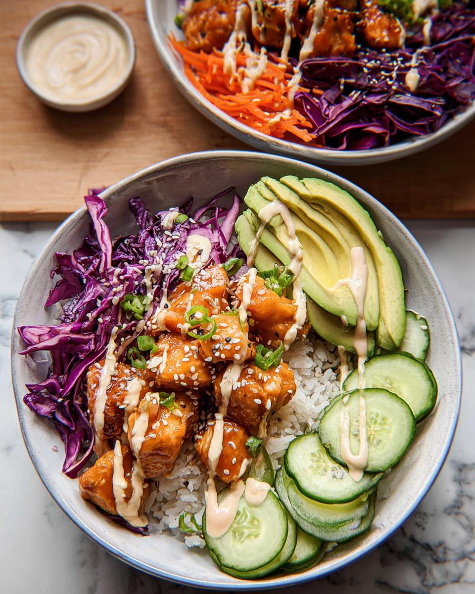 A vibrant Bang Bang Chicken Bowl featuring crispy chicken, rice, red cabbage, sliced avocado, and cucumbers drizzled with sauce.