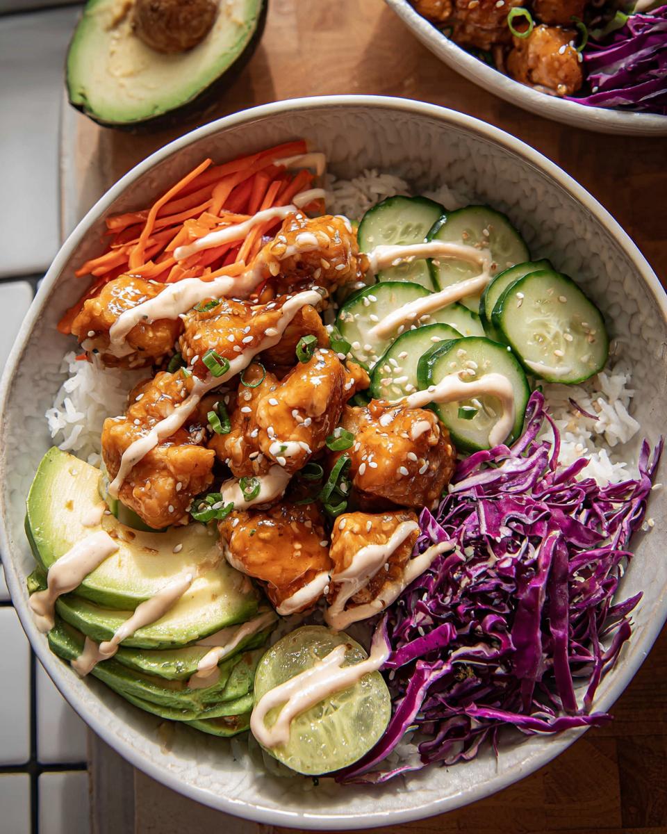 A vibrant Bang Bang Chicken Bowl featuring crispy chicken, rice, avocado slices, cucumbers, and red cabbage, drizzled with sauce.