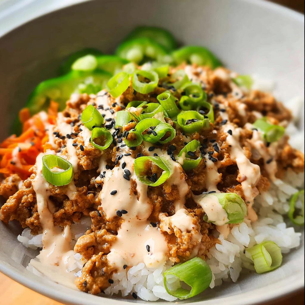 A close-up of a Bang Bang Ground Turkey Rice Bowl topped with creamy sauce, scallions, and black sesame seeds.