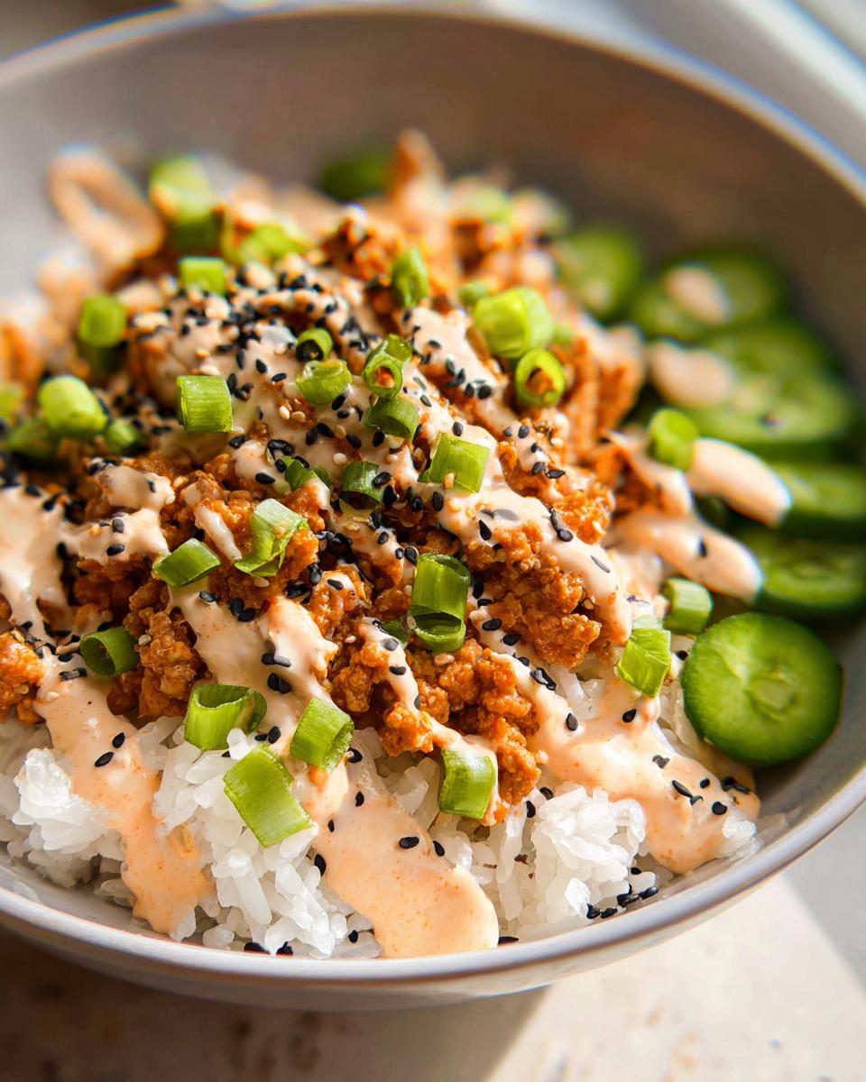 A close-up of a Bang Bang Ground Turkey Rice Bowls topped with creamy sauce, sesame seeds, and scallions.