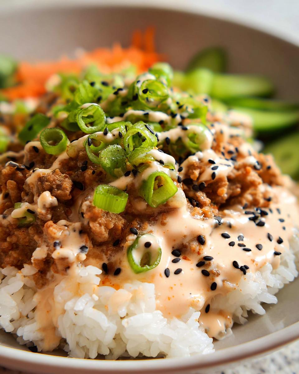 Close-up of a Bang Bang Ground Turkey Rice Bowl topped with creamy sauce, green onions, and black sesame seeds.