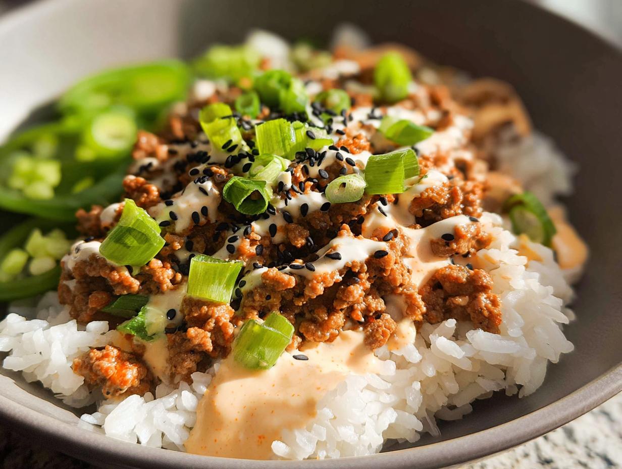 A close-up of a Bang Bang Ground Turkey Rice Bowls featuring seasoned turkey over white rice, drizzled with sauce, and topped with green onions and black sesame seeds.