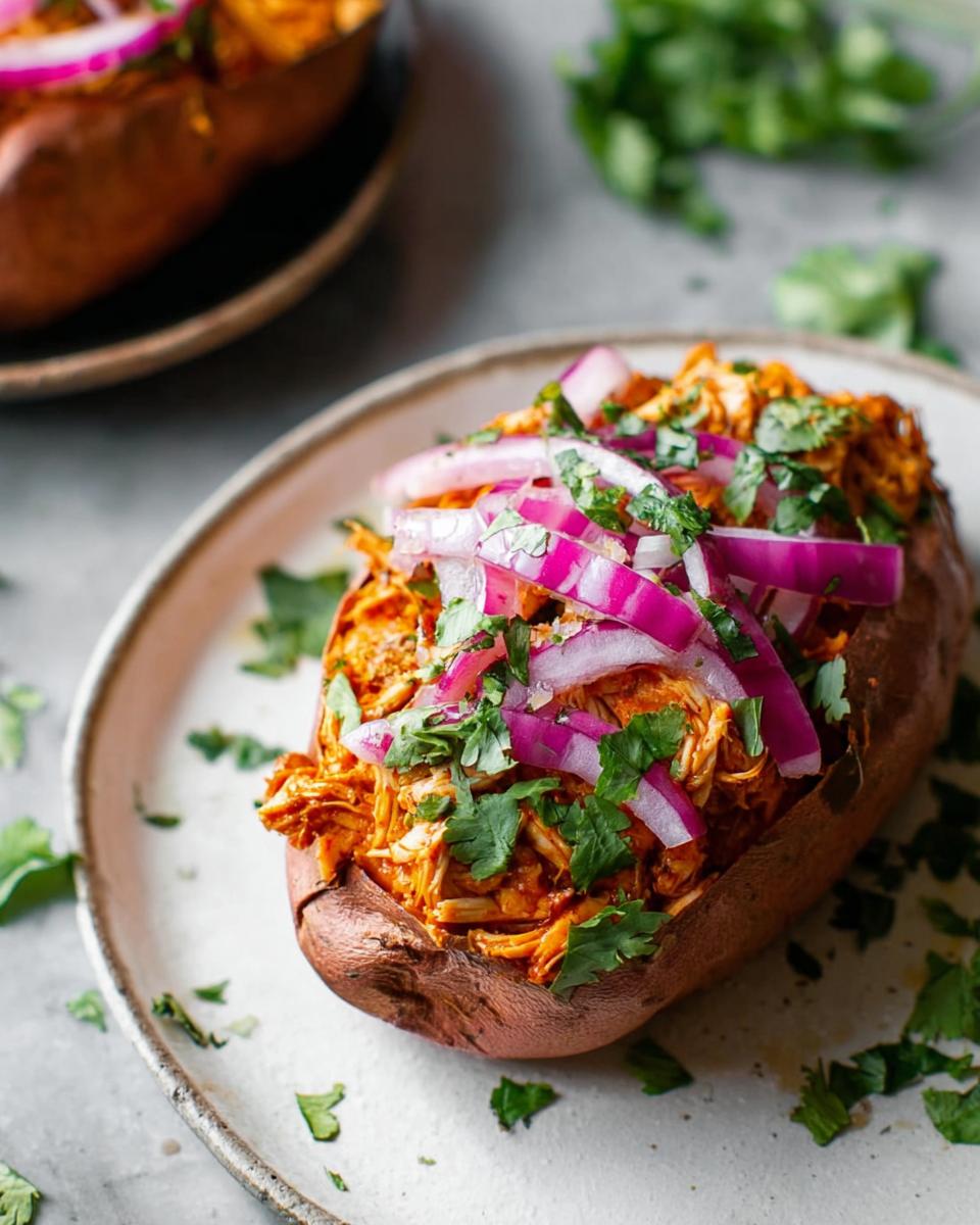 A close-up of a BBQ chicken stuffed sweet potato topped with bright red onions and fresh cilantro.