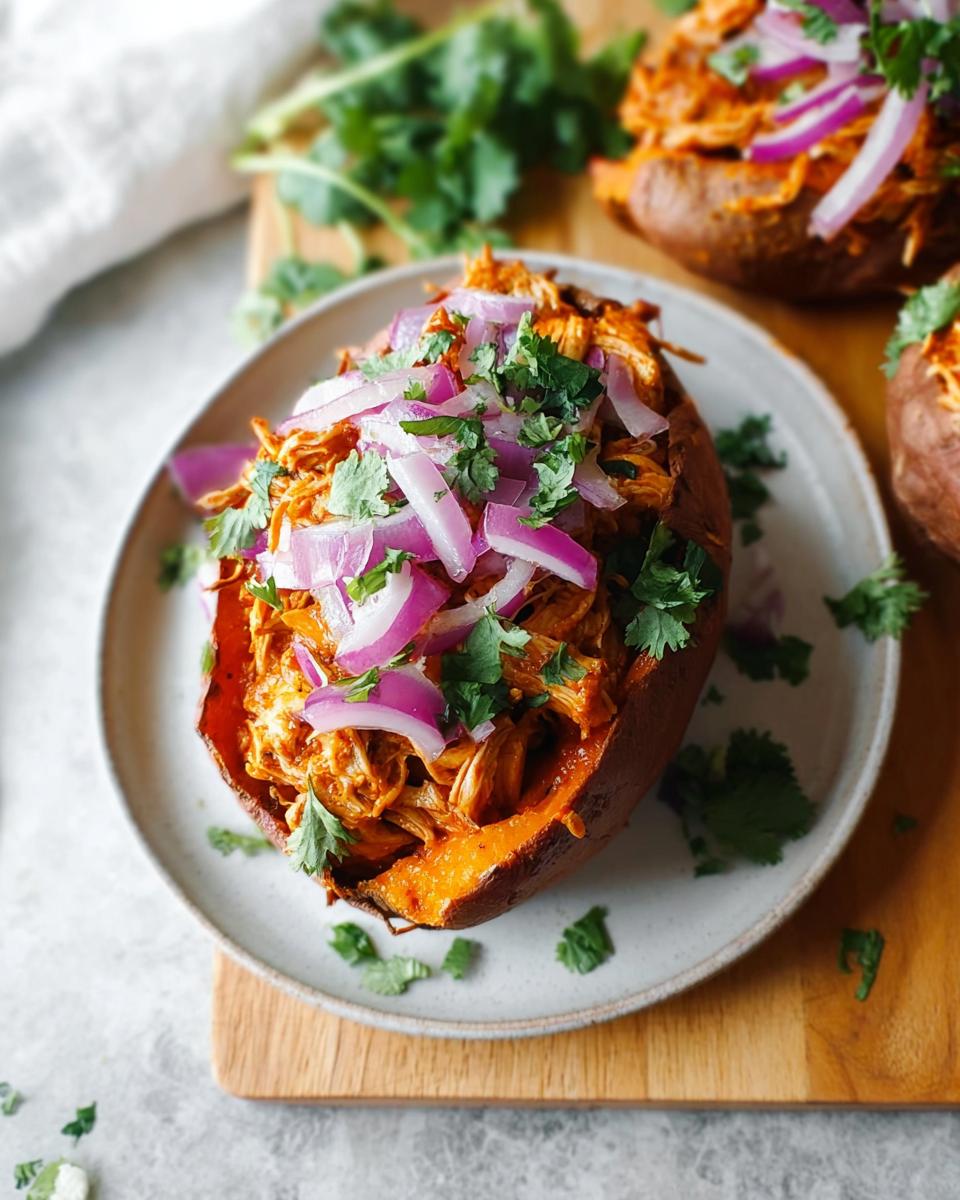 A close-up of one BBQ Chicken Stuffed Sweet Potato topped with sliced red onion and cilantro.