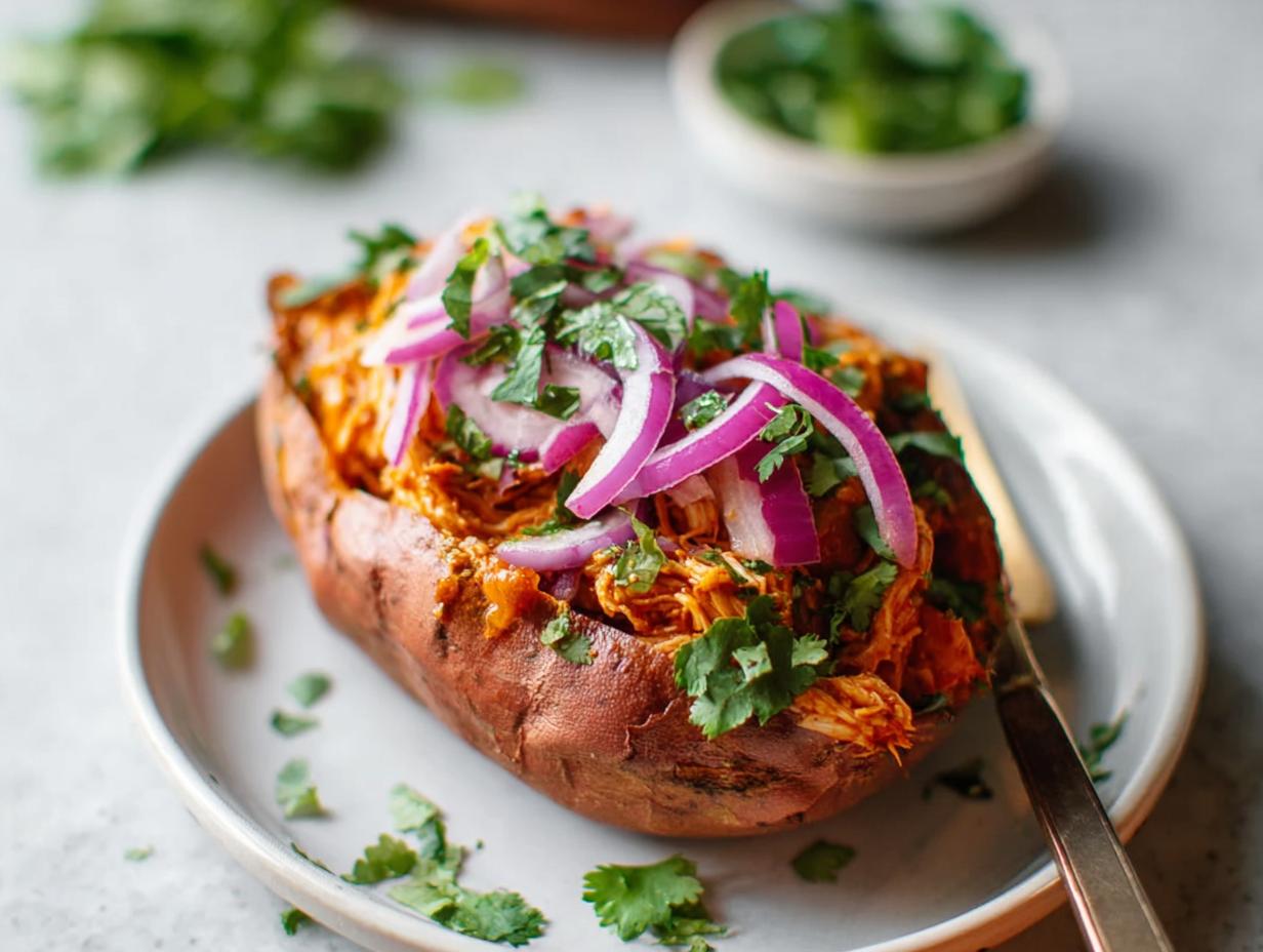 A close-up of a baked sweet potato filled with BBQ Chicken Stuffed Sweet Potatoes and topped with sliced red onions and cilantro.