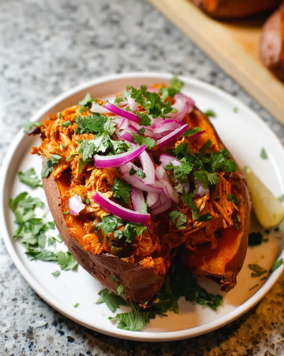 A close-up of BBQ Chicken Stuffed Sweet Potatoes, split open and topped with red onion slices and fresh cilantro.