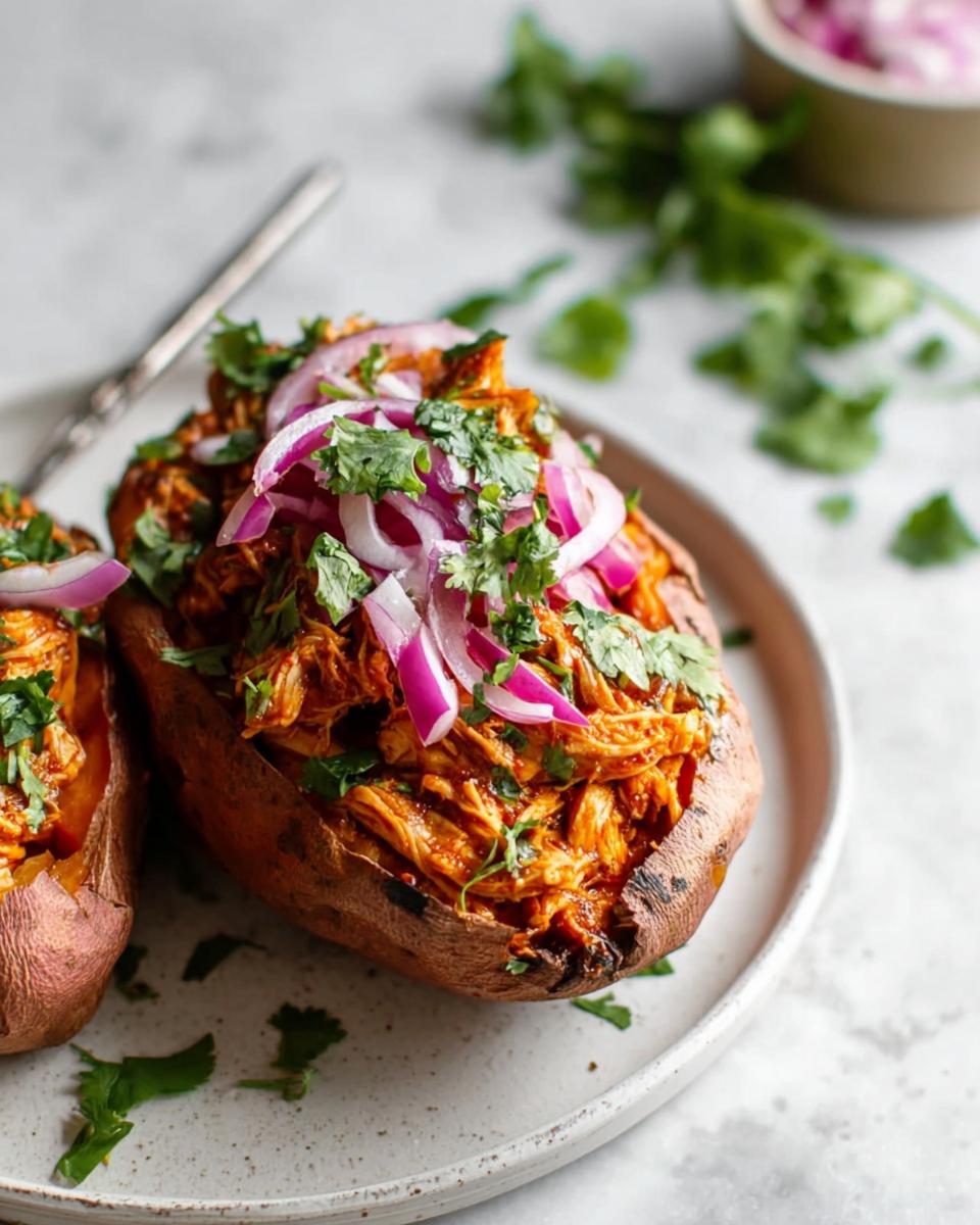 Close-up of BBQ Chicken Stuffed Sweet Potatoes topped with sliced red onion and fresh cilantro.