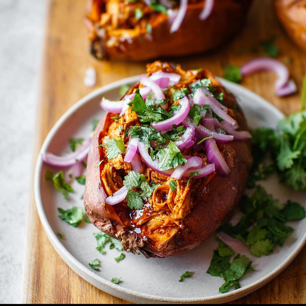 A close-up of BBQ Chicken Stuffed Sweet Potatoes topped with sliced red onions and fresh cilantro.