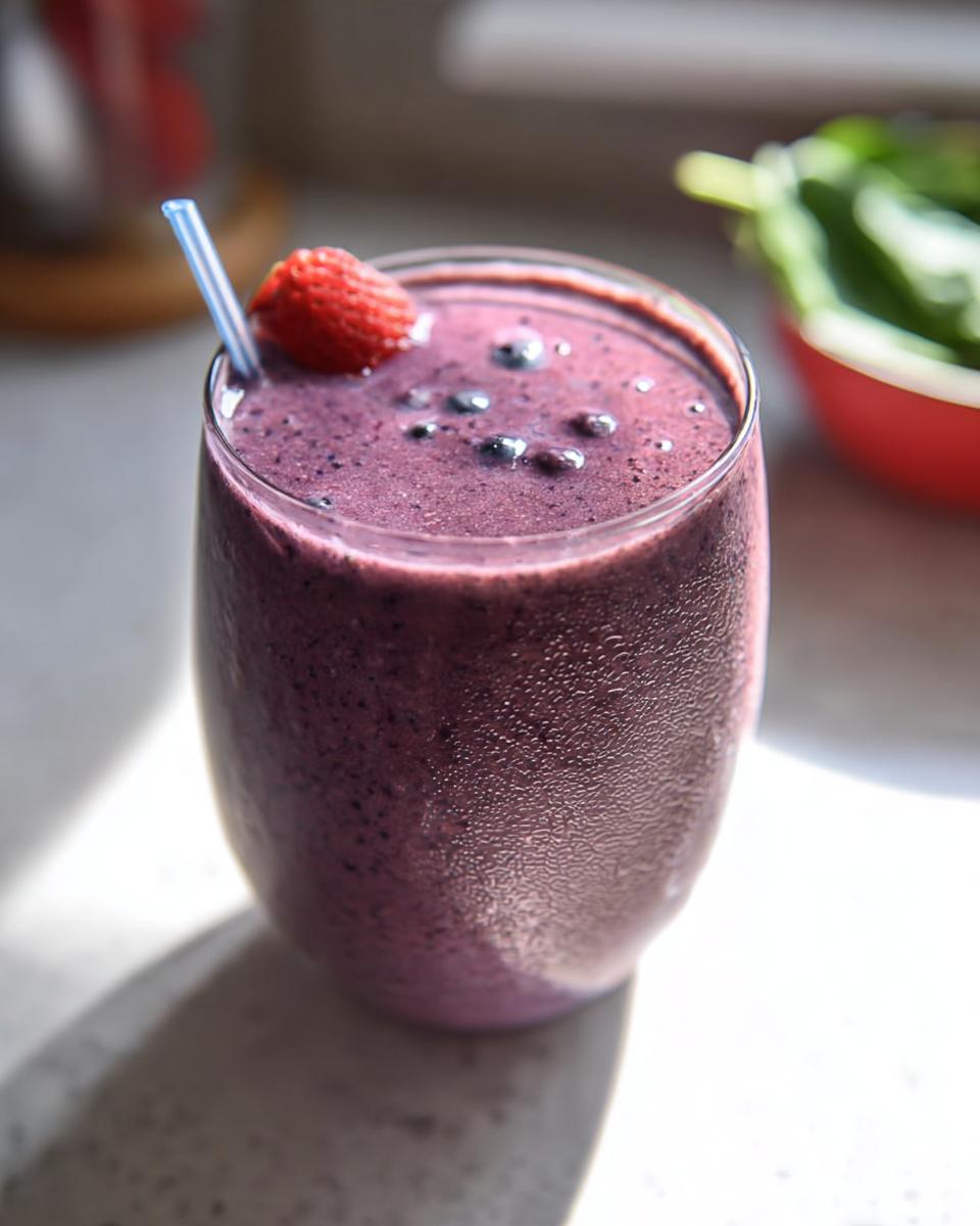 Close-up of a thick, purple berry smoothie topped with a strawberry, perfect for high-protein smoothies for weight loss.