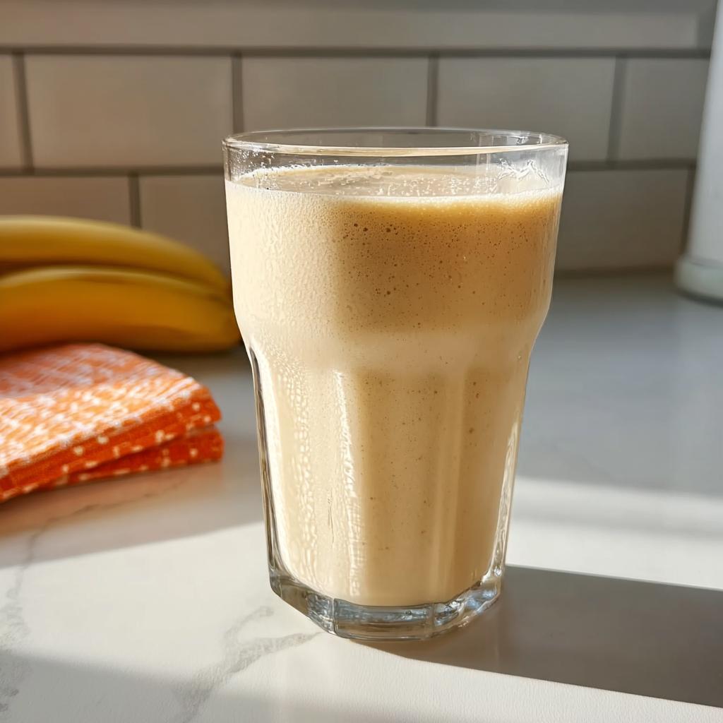 A tall glass filled with a creamy, light brown banana smoothie sits on a white counter, with bananas in the background.