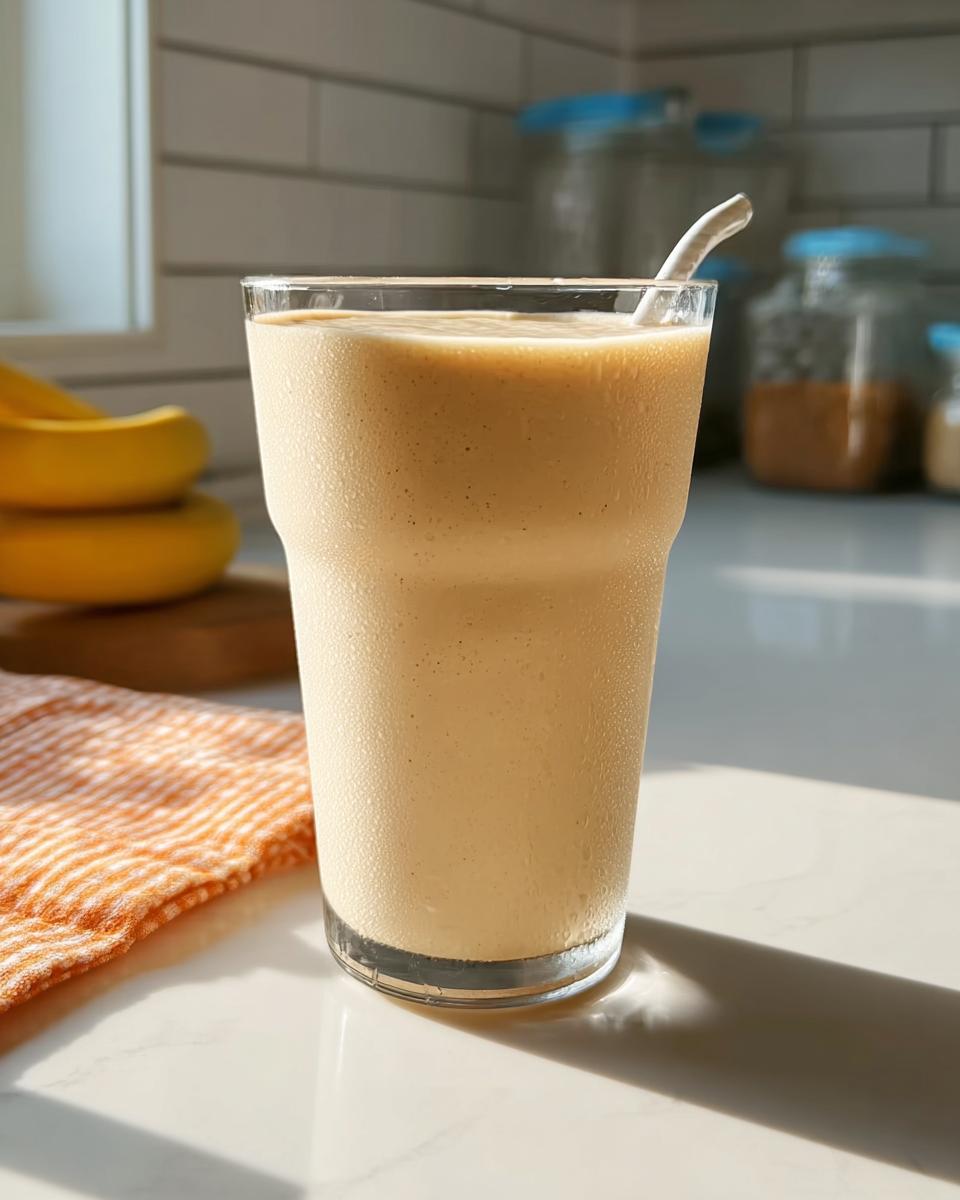 A tall, frosty glass filled with a creamy, light brown banana smoothie, set on a bright kitchen counter.