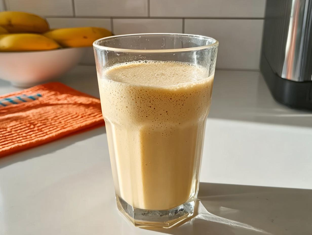 A tall glass filled with a creamy, light brown banana smoothie, sitting on a white counter.