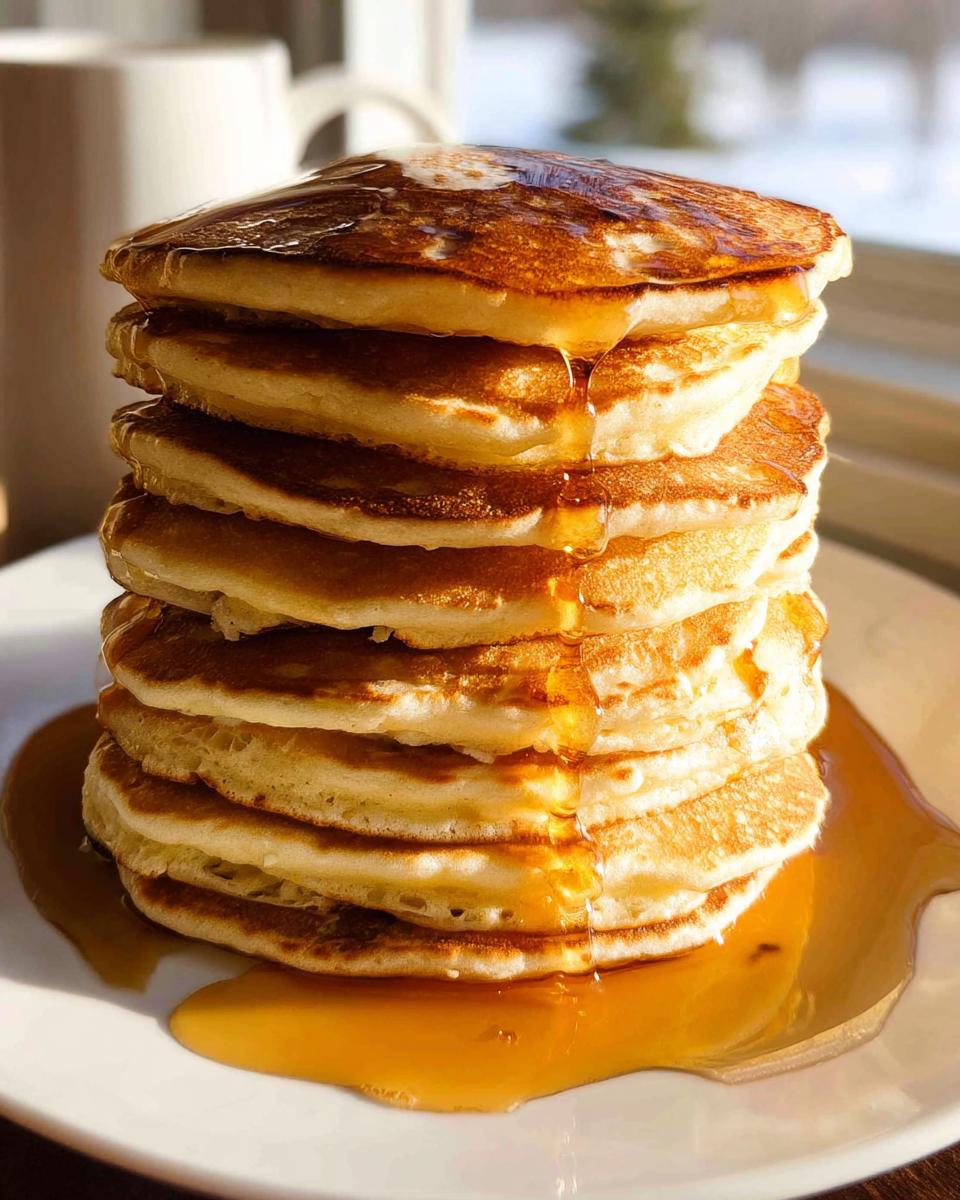 A tall stack of golden brown pancakes from scratch dripping with maple syrup and topped with melting butter.