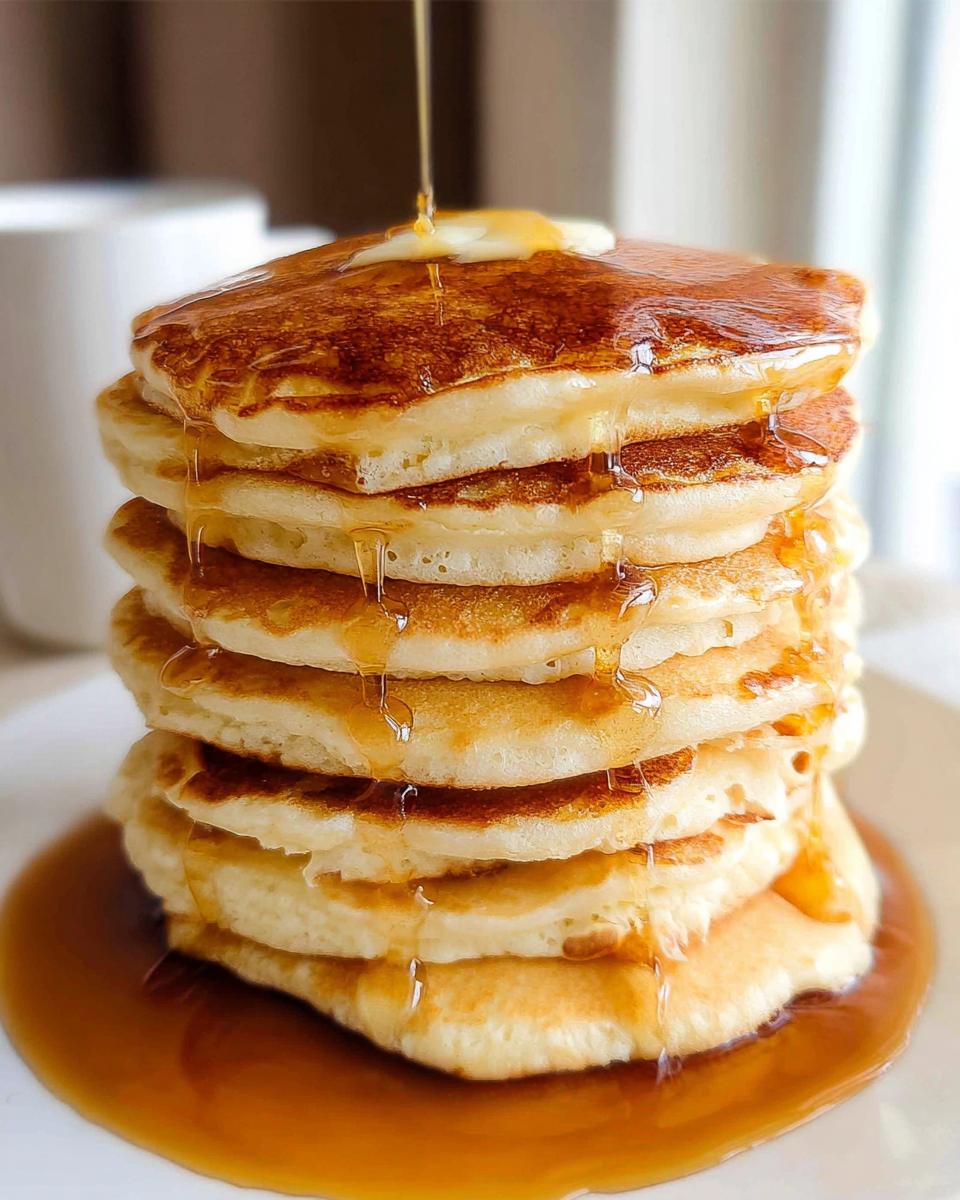 A tall stack of fluffy pancakes topped with melting butter and drizzled generously with syrup, showcasing The Best Pancakes From Scratch.