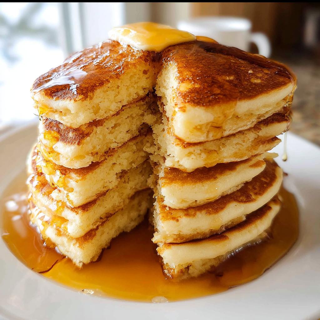 A tall stack of fluffy pancakes from scratch, cut open to show the interior, topped with melting butter and syrup.