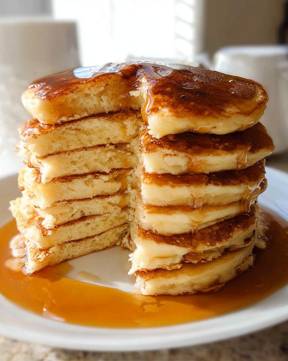 A tall stack of fluffy pancakes from scratch, cut to show the interior, drenched in maple syrup.