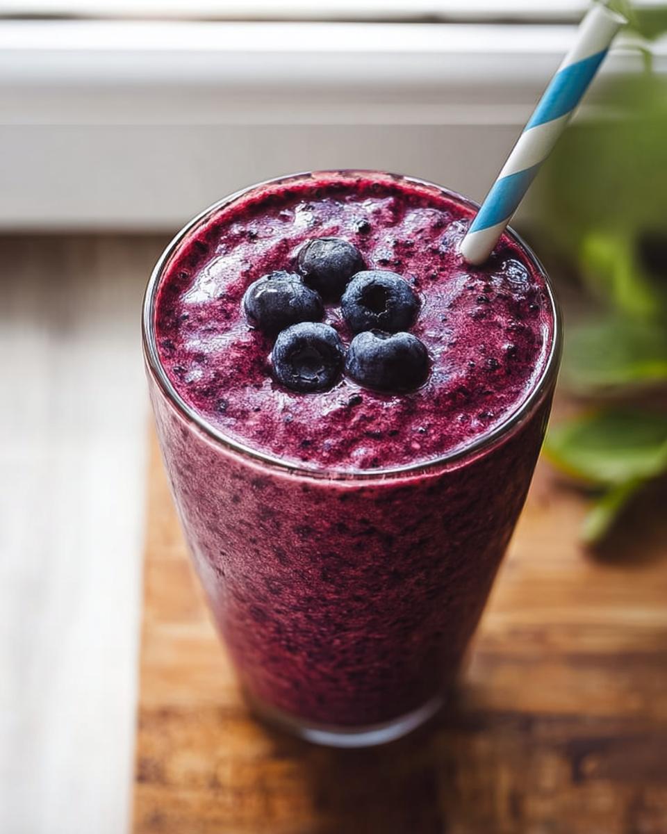 A vibrant, thick Blueberry Smoothie Detox topped with fresh blueberries and a striped straw.