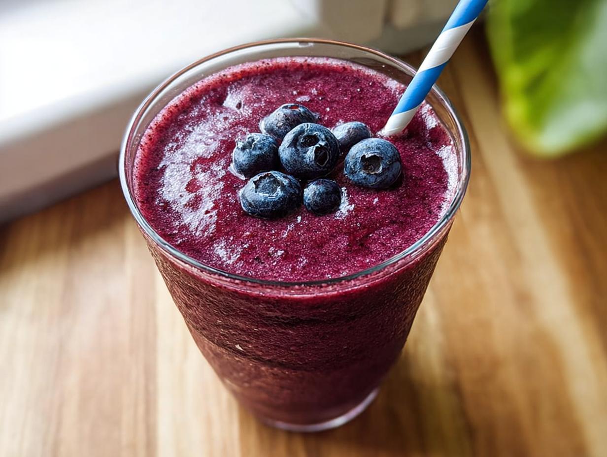 Close-up of a vibrant Blueberry Smoothie Detox topped with fresh blueberries and a striped straw.