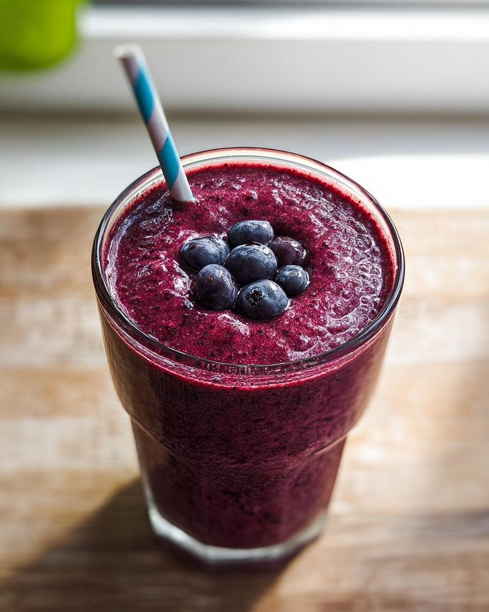 Close-up of a thick, deep purple Blueberry Smoothie Detox topped with fresh blueberries and a striped straw.