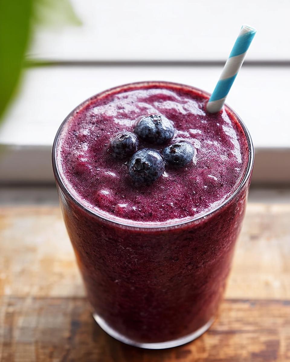 Close-up of a thick, deep purple Blueberry Smoothie Detox topped with four fresh blueberries and a blue striped straw.