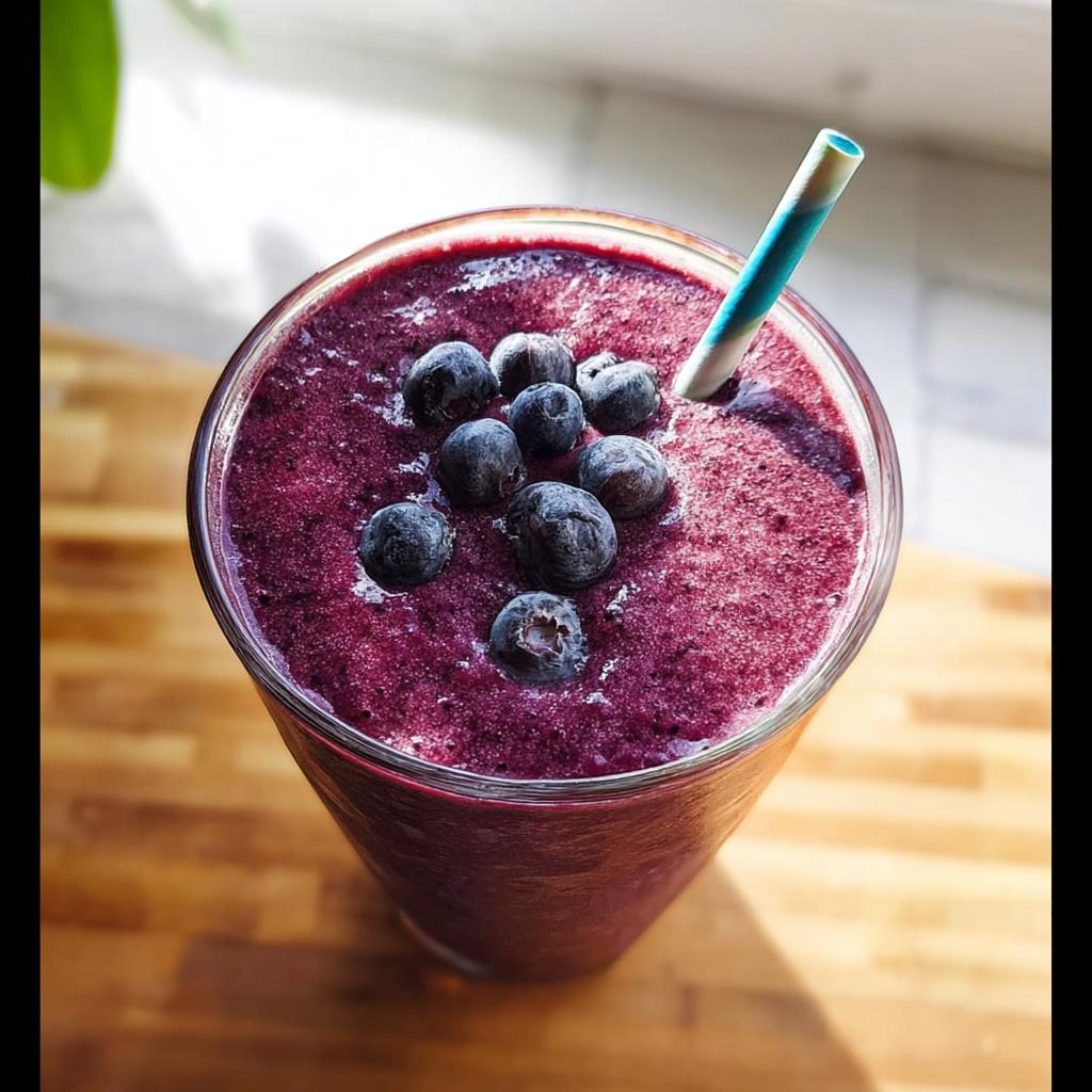 Overhead view of a vibrant Blueberry Smoothie Detox topped with fresh blueberries and a striped straw.