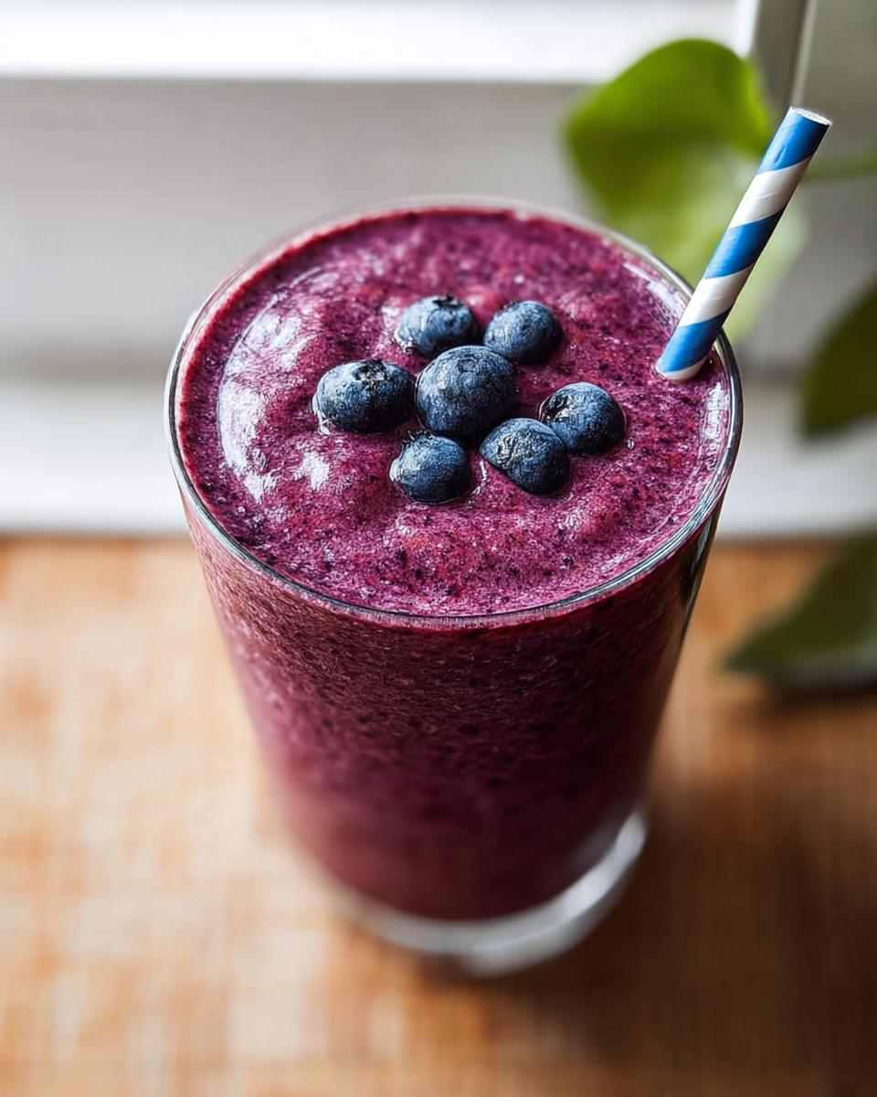 Close-up of a thick, vibrant purple Blueberry Smoothie Detox topped with fresh blueberries and a blue-striped straw.